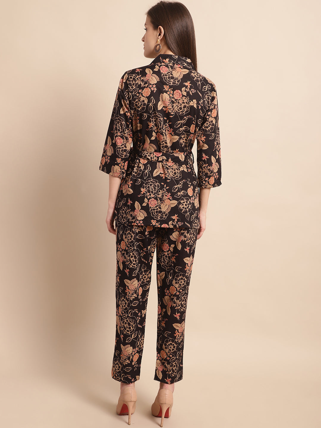 Aawari Women's Black & Beige Floral Printed Cotton Wrap-Style Co-ord Set - Co-ord Sets / Western Wear