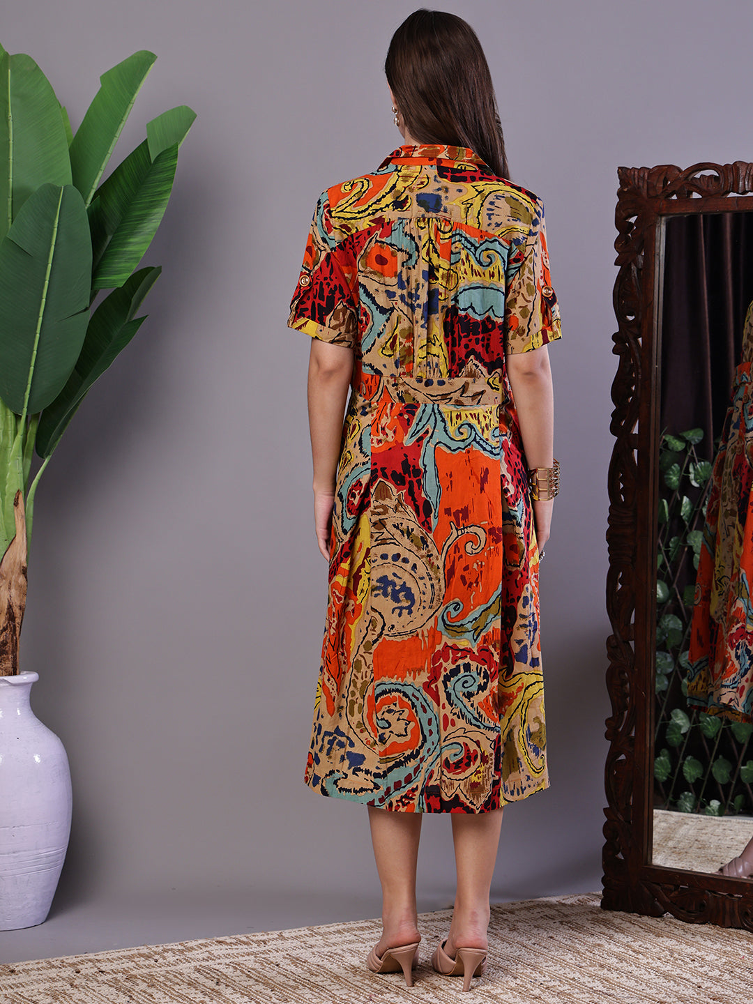Aawari Bohemian Chic Multi-Color Paisley Print Cotton Collared Midi Dress  - Midi Dresses / Western Wear / Dresses