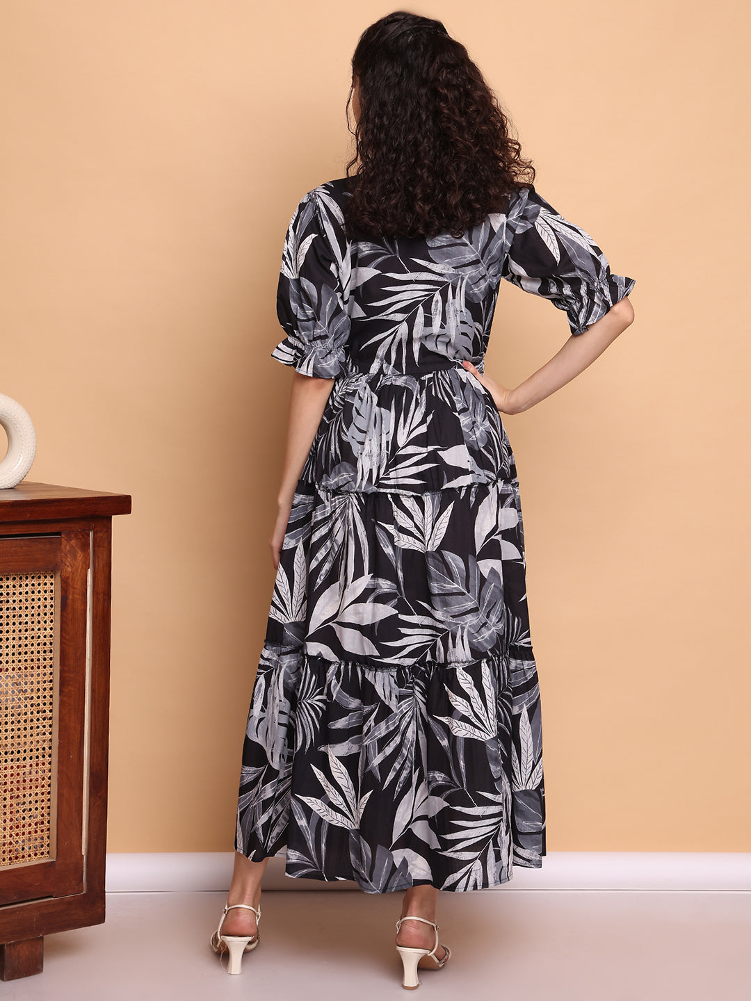 Aawari Women’s Black & White Leaf Print Maxi Dresses - Stylish Long Dress for casual & Party Wear Dresses / Western Wear