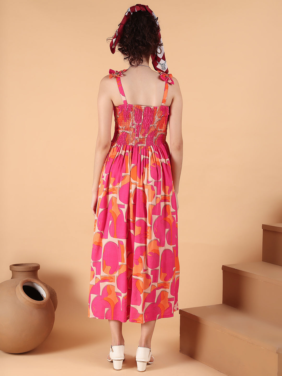 Aawari Pink & Orange Abstract Print Smocked Rayon Midi Dress - Women's Western Wear