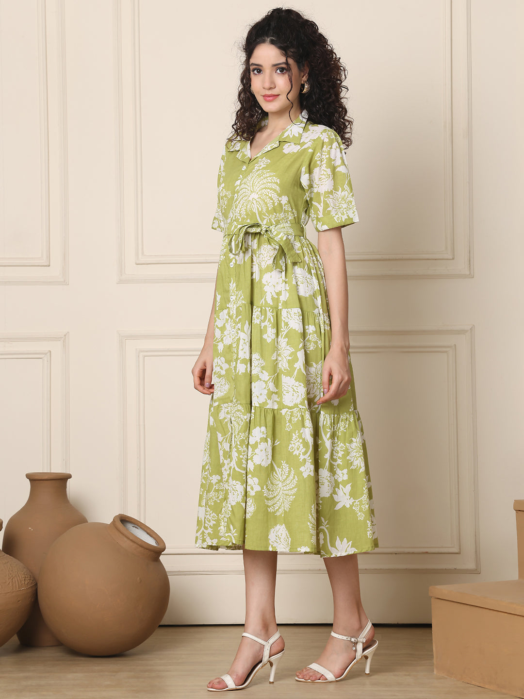 Aawari Olive Green Floral Print Shirt Dresses With Waist Tie-Up / Western Wear