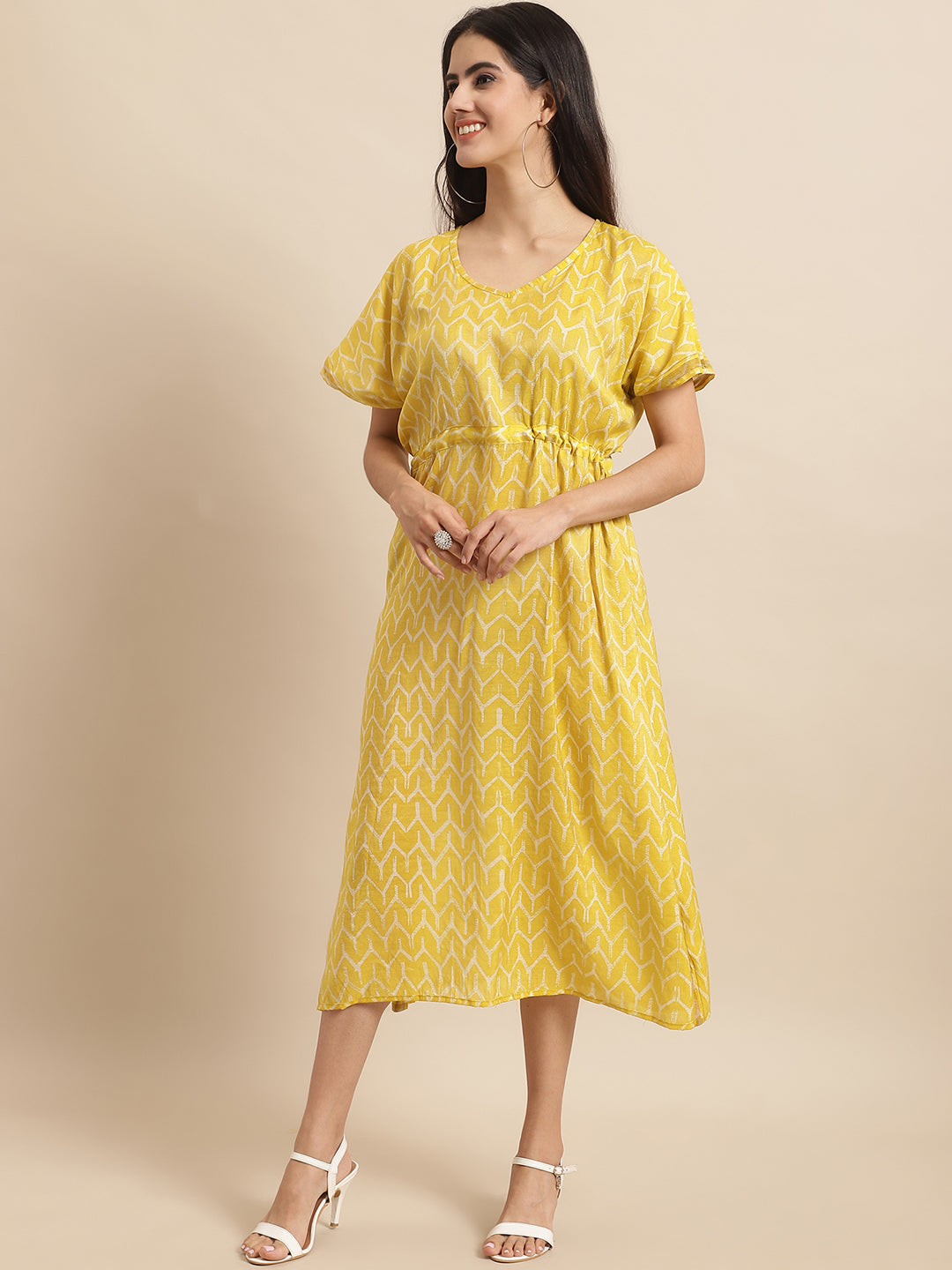 Aawari Yellow Chanderi Printed Kaftaan Dress with Relaxed Fit - Kaftaan