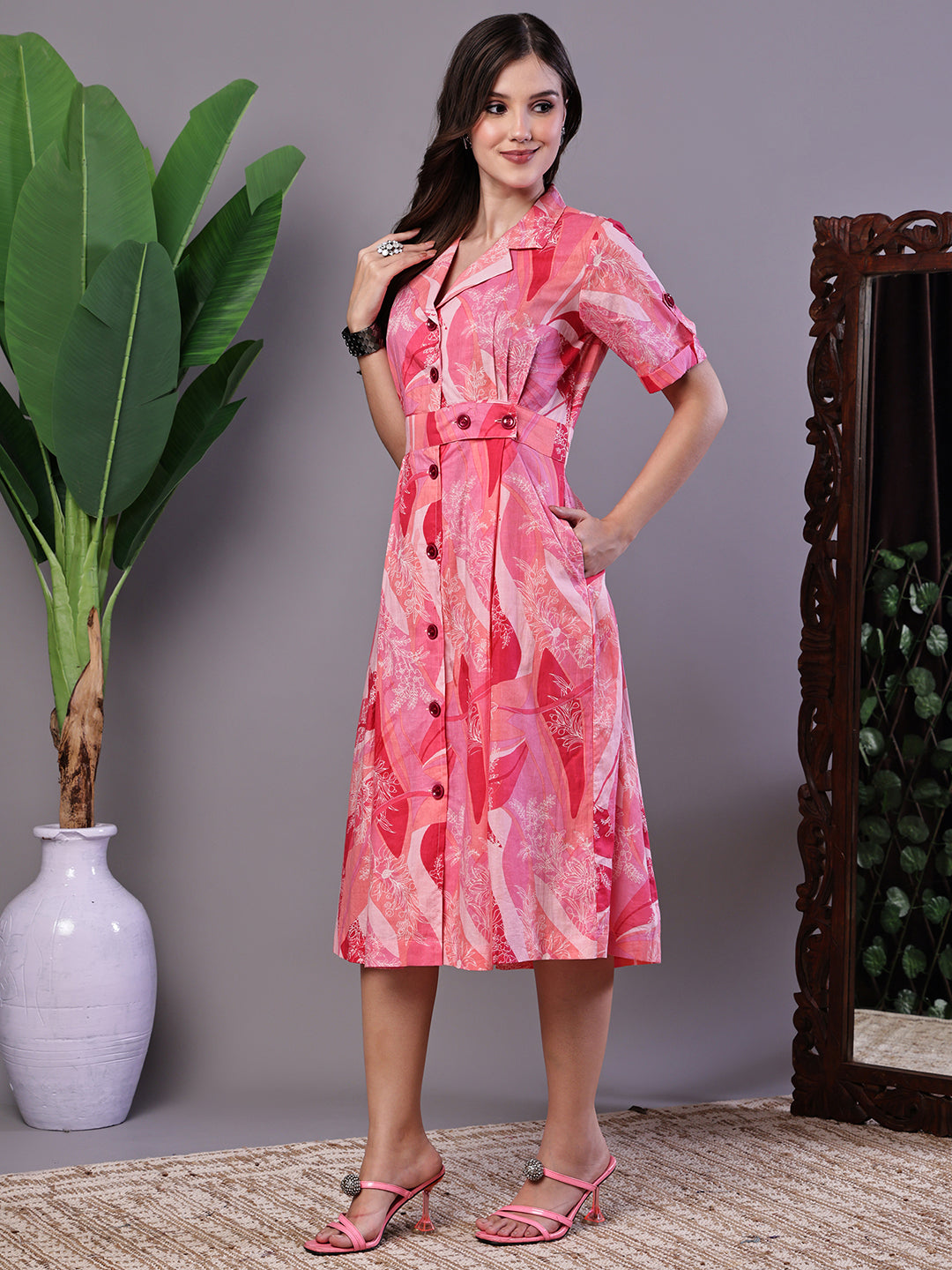 Aawari Pink Printed Cotton Midi Shirt Dress