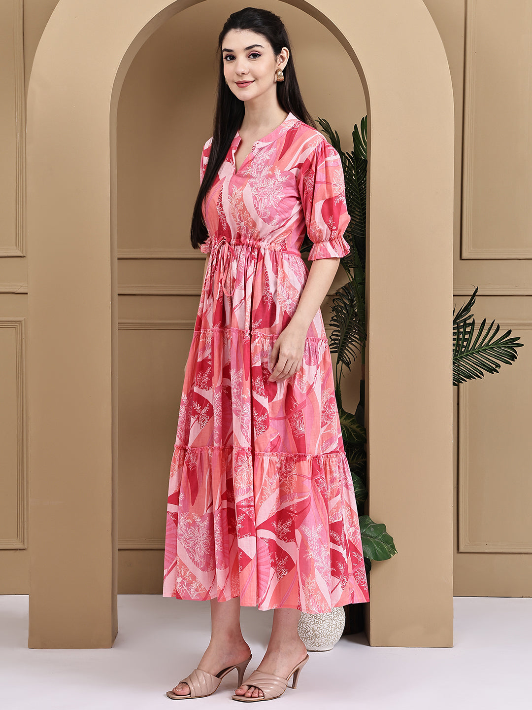 Aawari Cotton Pink Flower Printed Knot Dresses / Maxi Dresses / Western Wear