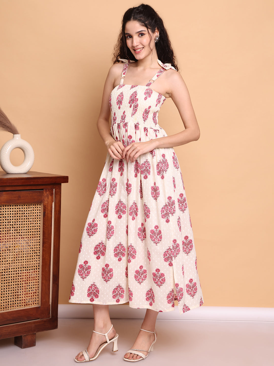 Aawari Elegant Cream & Pink Floral Printed Cotton Bobbin dress with Tie-Up Straps -  Western Wear