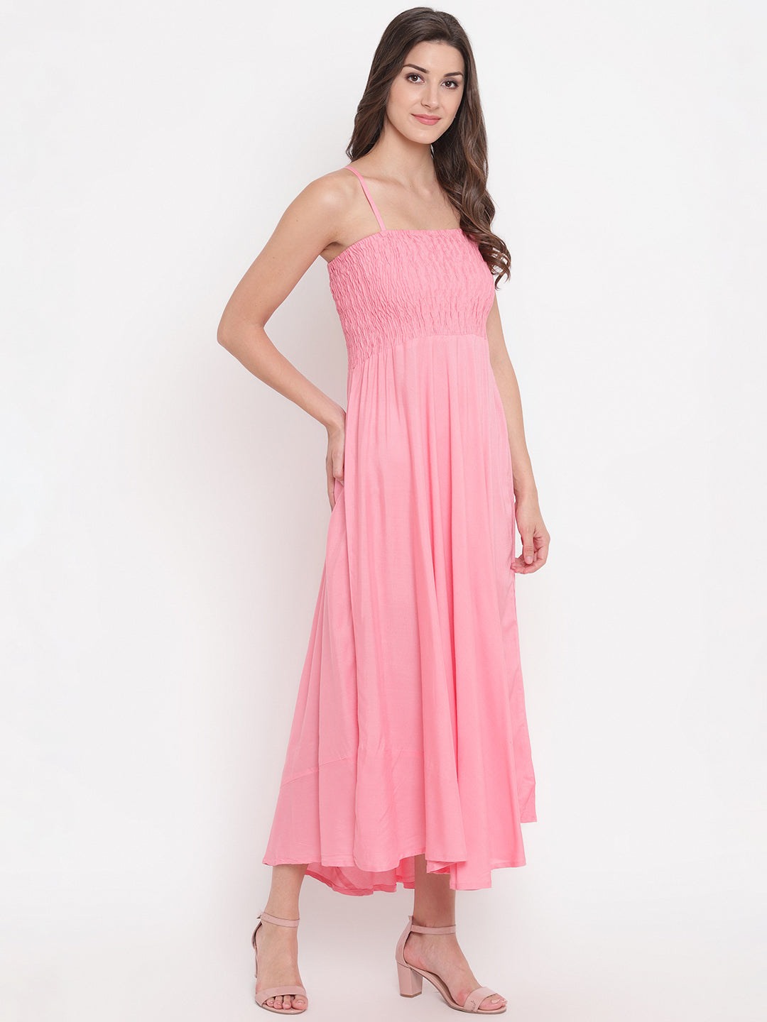 BabyPink Smocked Rayon Maxi Dress with Spaghetti Straps - Western Wear