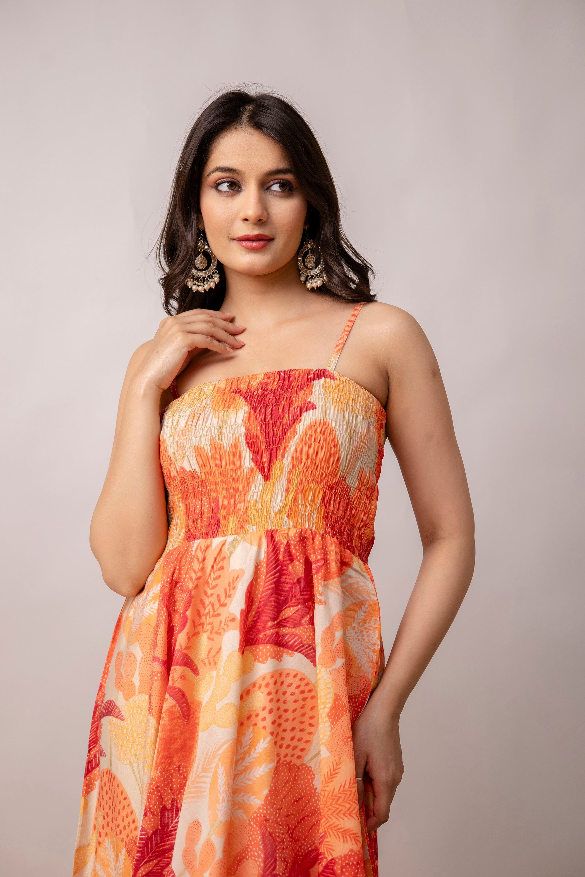 Aawari Abstract Printed Shoulder Straps Smocked Silk Sheath Dress - Western Wear