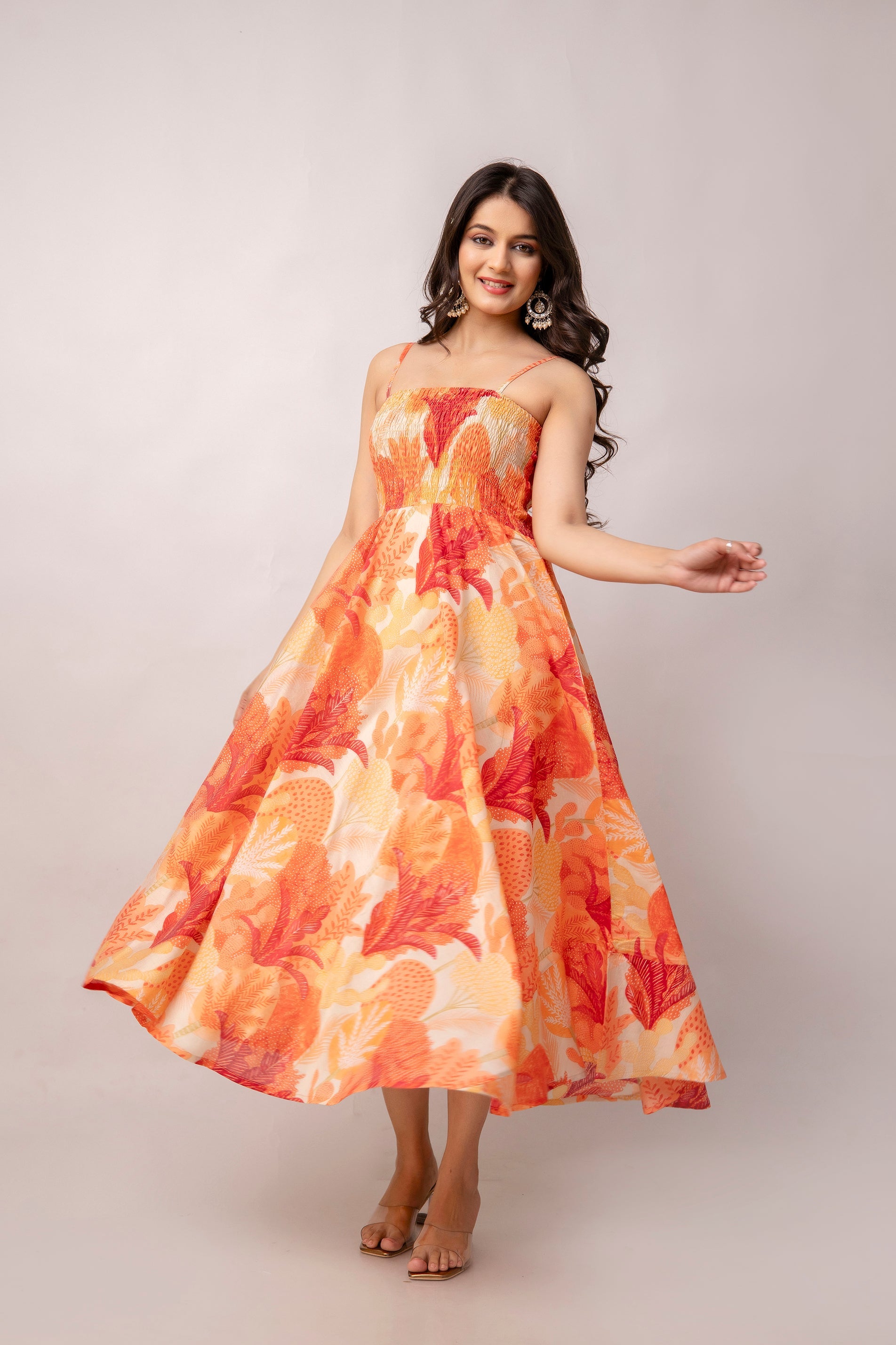 Aawari Abstract Printed Shoulder Straps Smocked Silk Sheath Dress - Western Wear