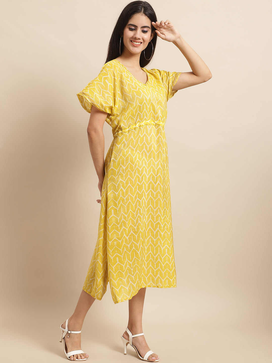 Aawari Yellow Chanderi Printed Kaftaan Dress with Relaxed Fit - Kaftaan