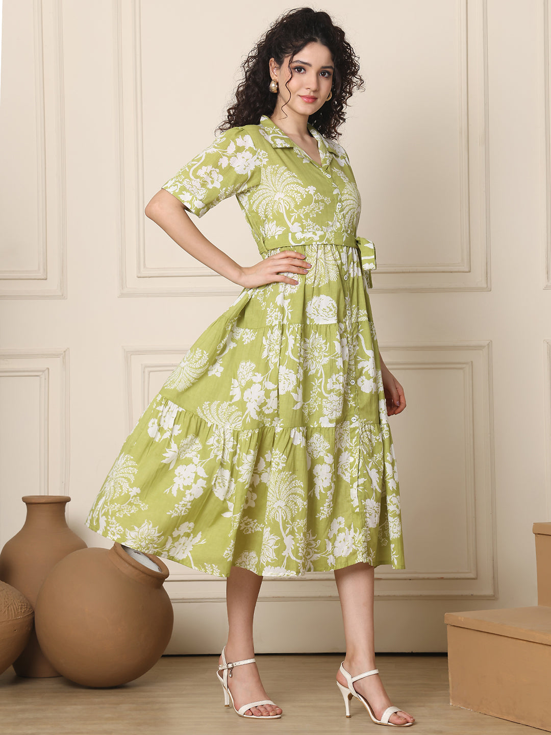 Aawari Olive Green Floral Shirt Dresses With Waist Tie-Up / Western Wear