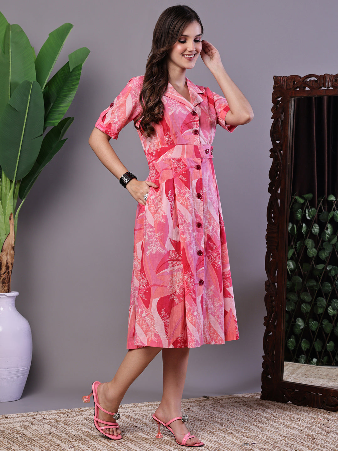 Aawari Pink Printed Cotton Midi Shirt Dress
