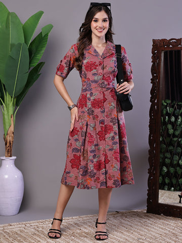 Aawari Pink Floral Cotton Pleated Midi Dress with Collar - Midi Dresses / Western Wear / Dresses