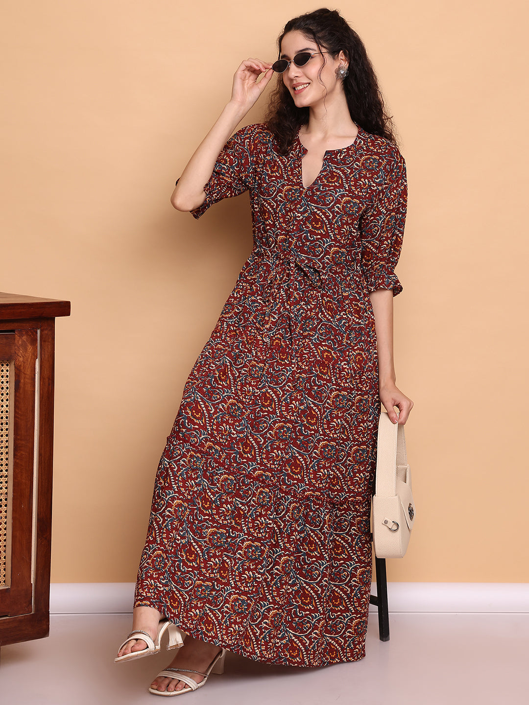Aawari Boho Printed Maxi Dresses with Half Sleeves and Drawstring Waist / Dresses / Western Wear