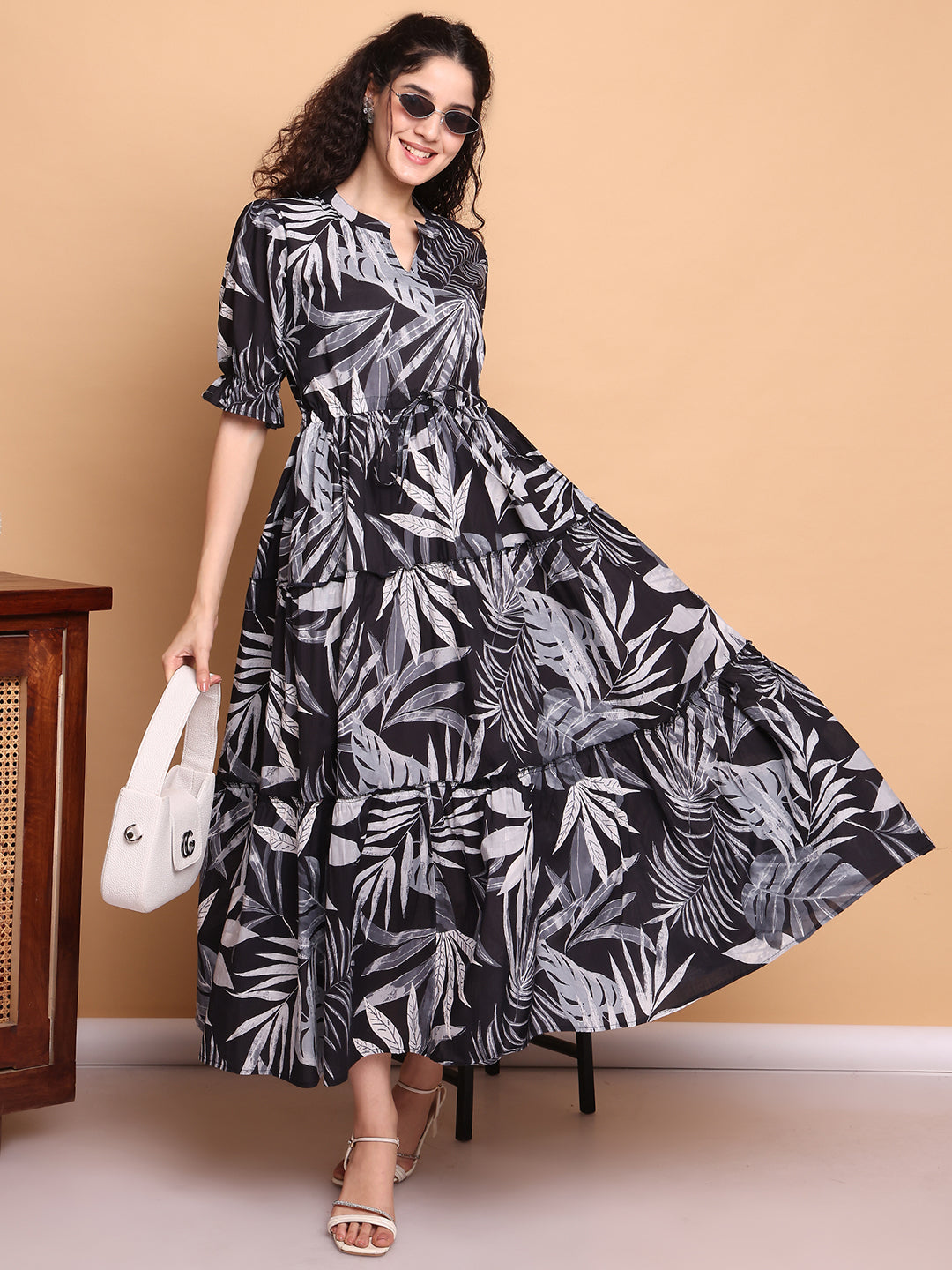 Aawari Women’s Black & White Leaf Print Maxi Dresses - Stylish Long Dress for casual & Party Wear Dresses / Western Wear