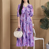 Aawari Cotton Purple Printed Knot Dresses With Puff Sleeves / Western Wear