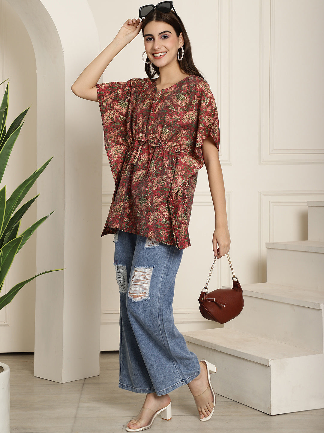 Aawari Rust Red Floral Handblock Printed Chanderi Short Kaftaan Top with Drawstring