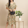 Aawari Floral Printed Green Chanderi Midi Dress with V-Neck & Short Sleeves - Kaftaan