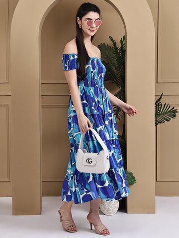 Aawari Rayon Bubbly Blue Printed Off Shoulder Dresses / Maxi Dresses / Western Wear