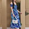 Aawari Rayon Bubbly Blue Printed Off Shoulder Dresses / Maxi Dresses / Western Wear