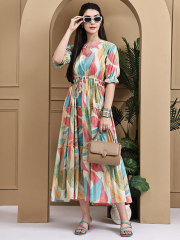 Aawari Women Cotton Printed Knot Dresses / Maxi Dresses / Western Wear