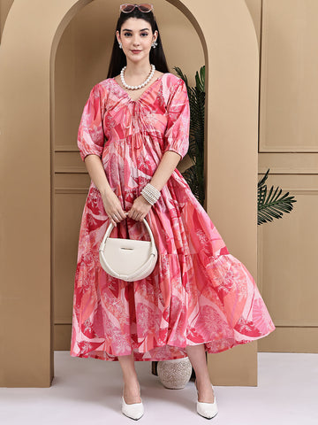Aawari Women Cotton Printed Knot Dresses With Puff Sleeves / Western Wear