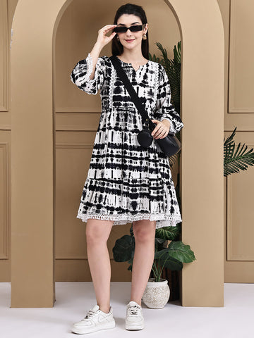 Aawari Rayon Tie & Dye Black And White Short Dress - Midi Dresses / Western Wear