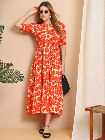 Aawari Orange & White Floral Cotton Tiered Maxi Dress - Dresses / Maxi Dresses / Western Wear