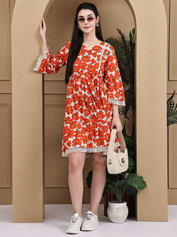 Aawari Orange Flower Cotton Printed Short Dress - Midi Dresses / Western Wear