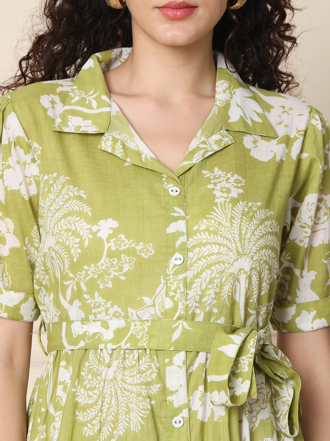 Aawari Olive Green Floral Print Shirt Dresses With Waist Tie-Up / Western Wear