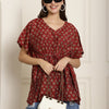 Aawari Maroon Handblock Printed Chanderi Short Kaftaan Top with Drawstring