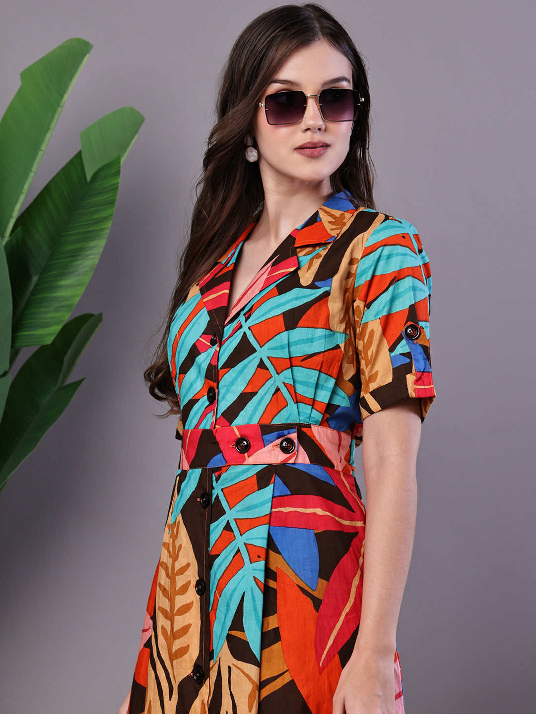 Aawari Leaf Print Button-Down Cotton Midi Dress - Midi Dresses / Western Wear / Dresses