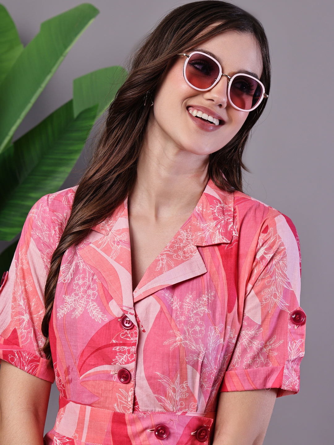 Aawari Pink Printed Cotton Midi Shirt Dress