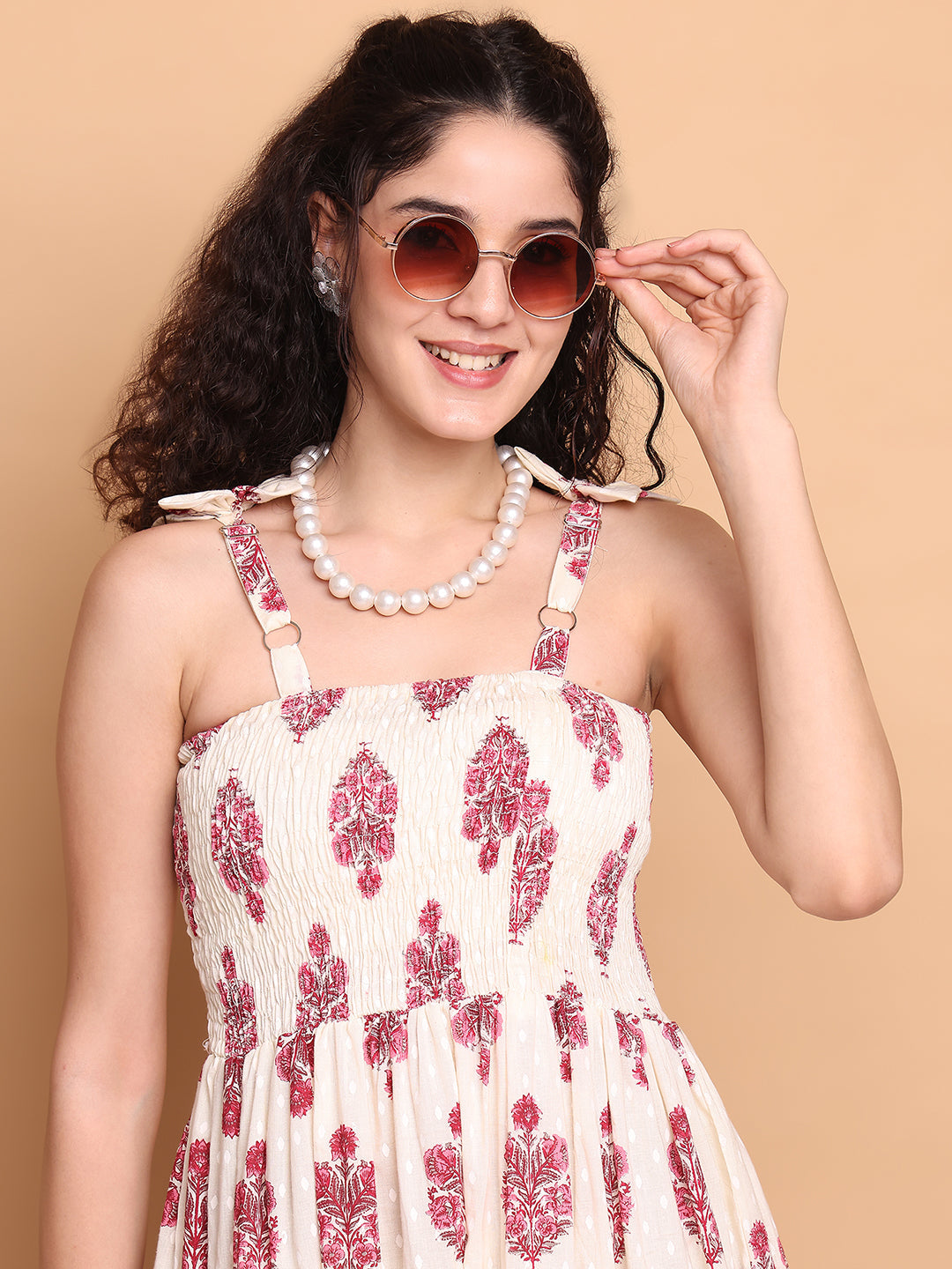 Aawari Elegant Cream & Pink Floral Printed Cotton Bobbin dress with Tie-Up Straps -  Western Wear