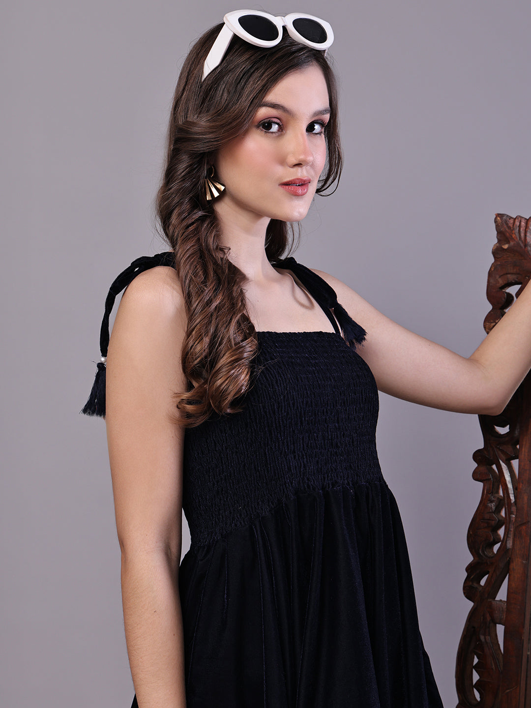 Aawari Junglee Black Velvet Party Midi Dress with Asymmetrical Hemline Midi Dresses / Western Wear