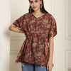 Aawari Rust Red Floral Handblock Printed Chanderi Short Kaftaan Top with Drawstring