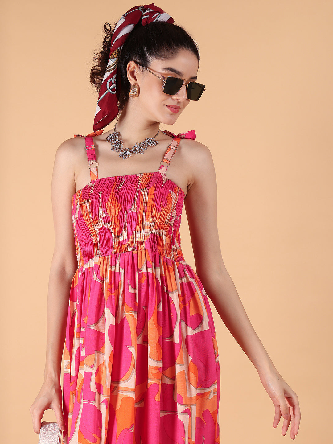 Aawari Pink & Orange Abstract Print Smocked Rayon Midi Dress - Women's Western Wear