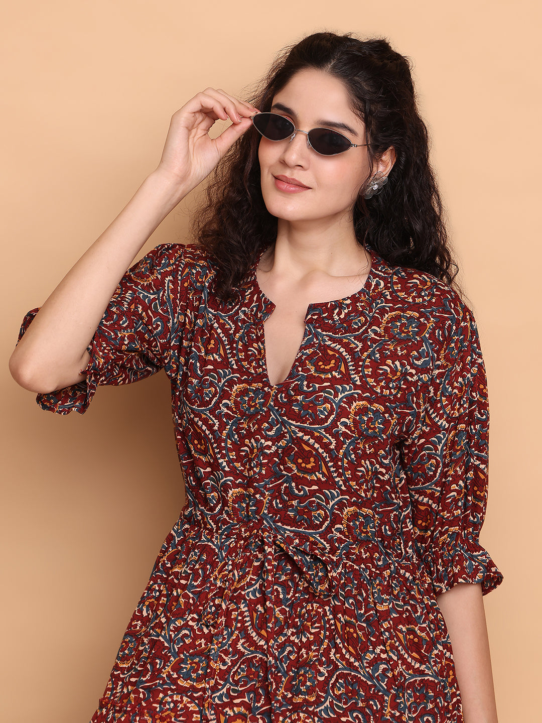 Aawari Boho Printed Maxi Dresses with Half Sleeves and Drawstring Waist / Dresses / Western Wear