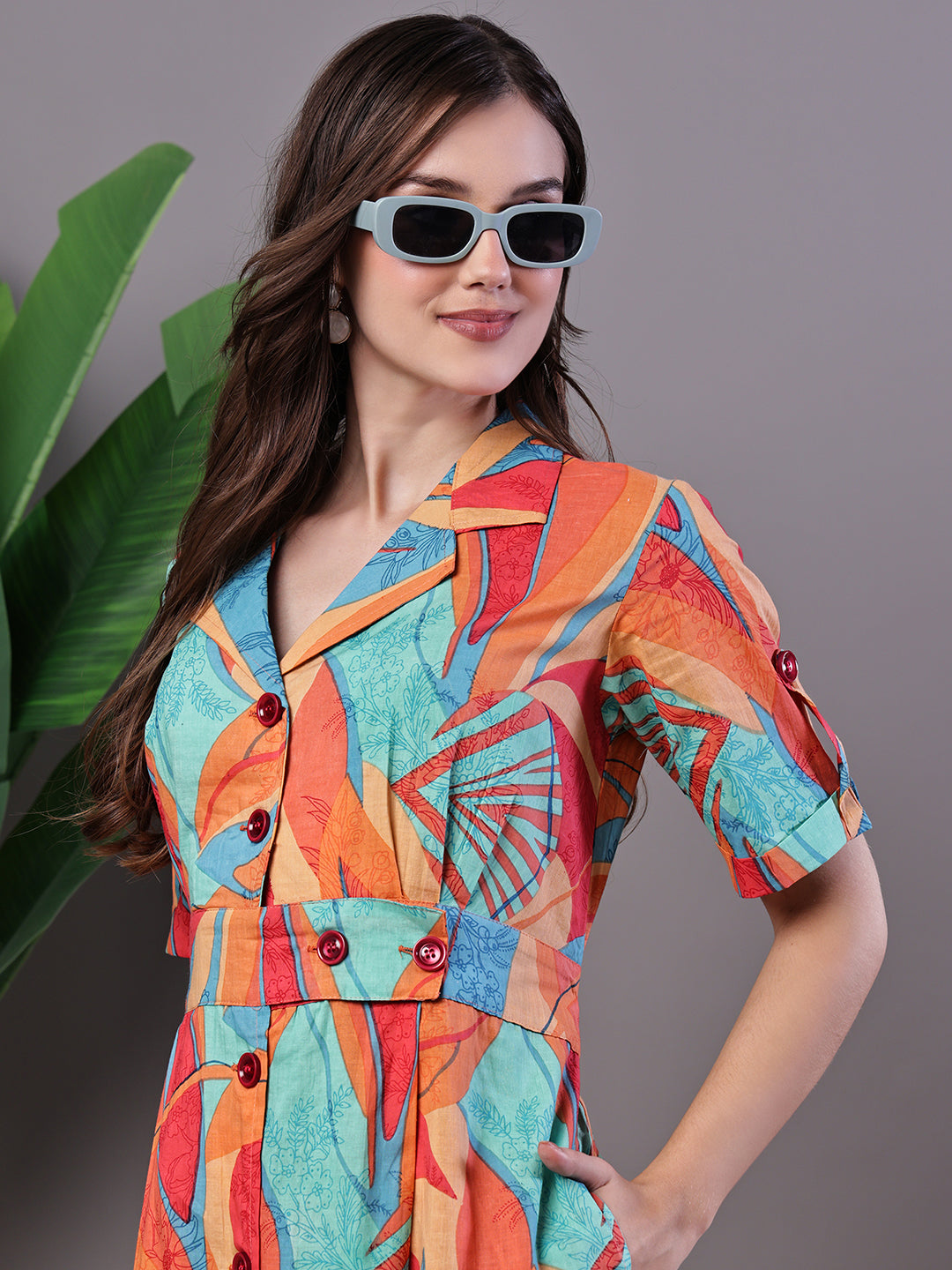 Aawari Tropical Print Button-Down Cotton Midi Dress - Midi Dresses / Western Wear / Dresses
