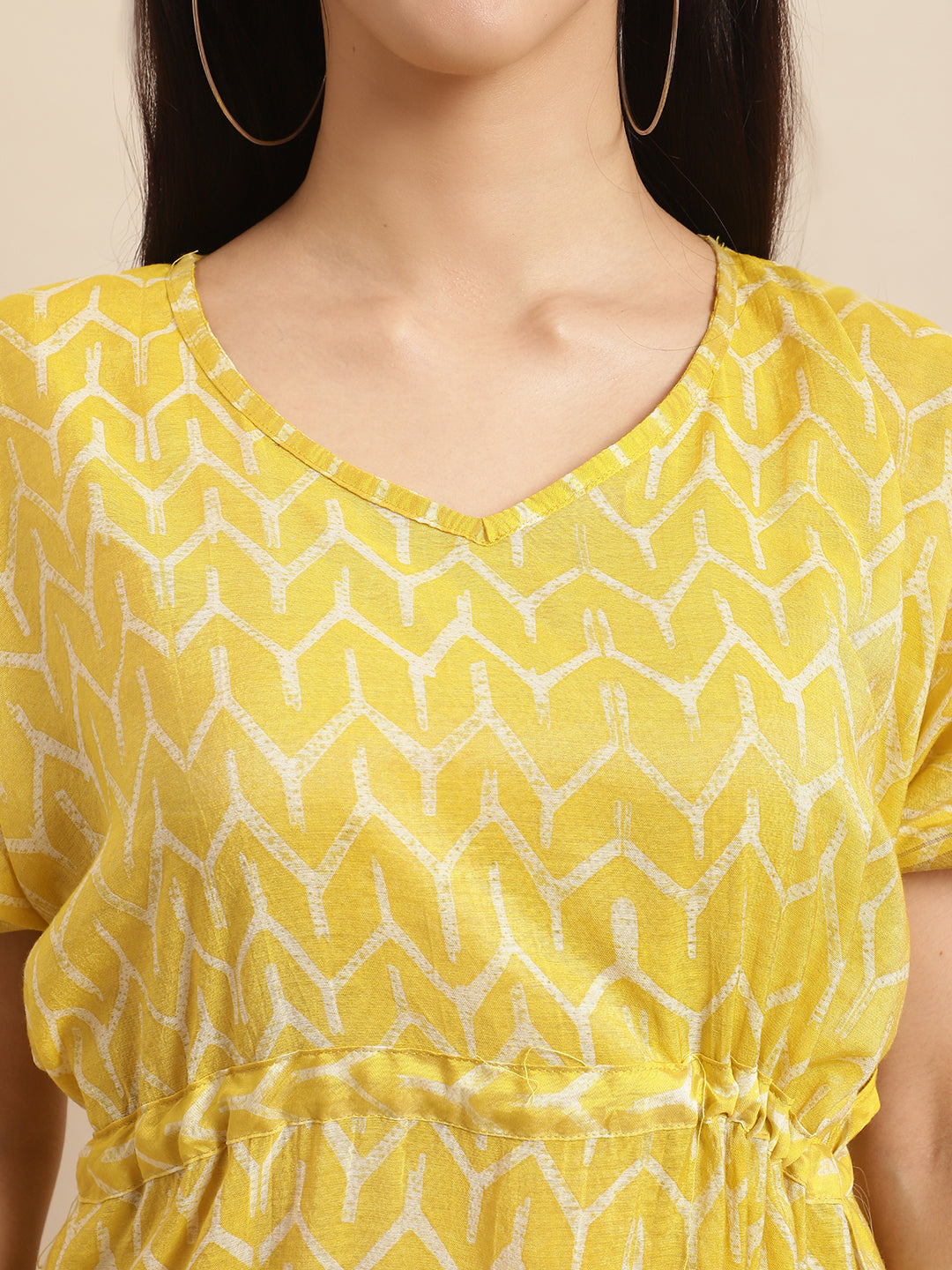 Aawari Yellow Chanderi Printed Kaftaan Dress with Relaxed Fit - Kaftaan