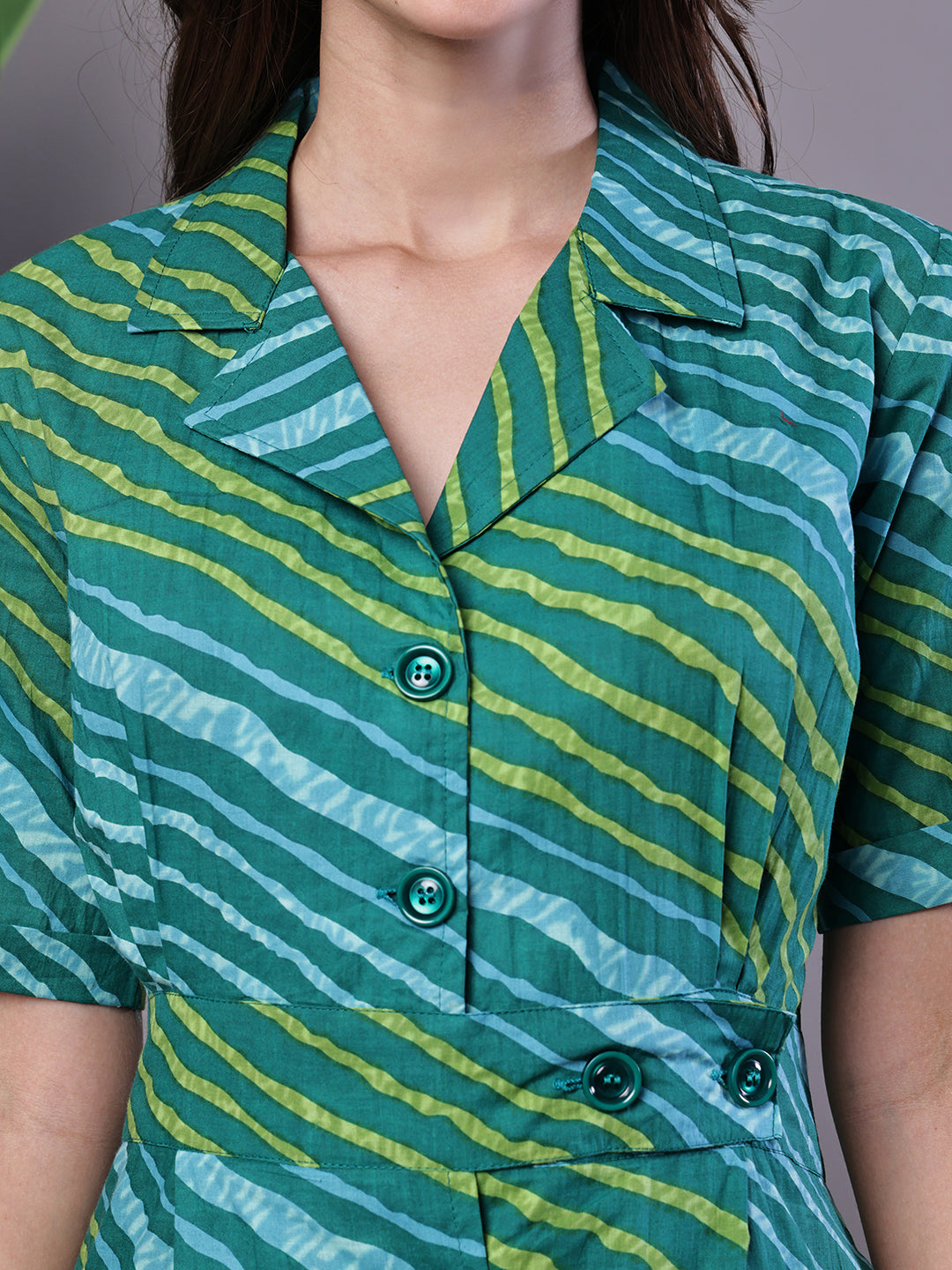 Aawari Teal Green Striped Cotton Midi Shirt Dress - Midi Dresses / Western Wear / Dresses