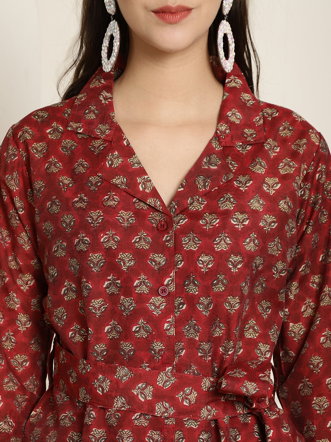 Maroon Gold Printed Chanderi Co-ord Sets with Wrap Top & Straight Pants