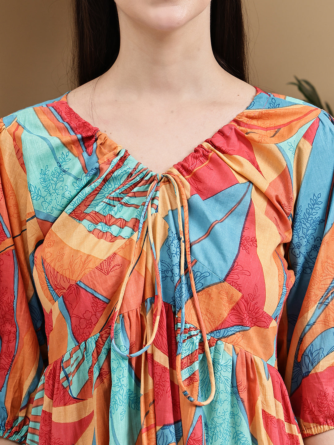 Aawari Women Cotton Printed Knot Dresses With Puff Sleeves /  Western Wear