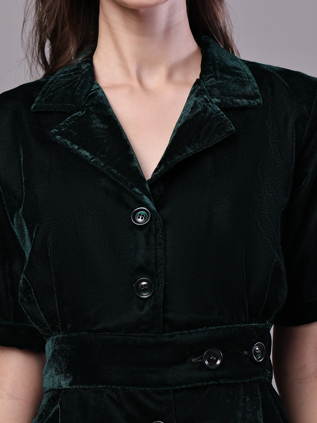 Aawari Bottle Green Velvet Shirt Style Midi Dress with Belt - Midi Dresses / Western Wear / Dresses
