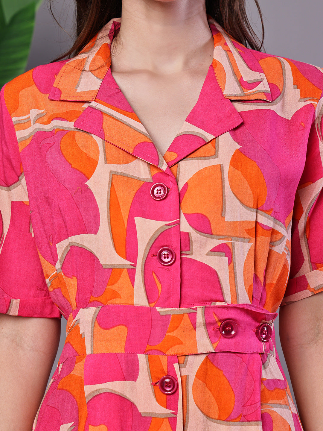 Aawari Pink & Orange Abstract Print Cotton Shirt Dress - Midi Dresses / Western Wear / Dresses