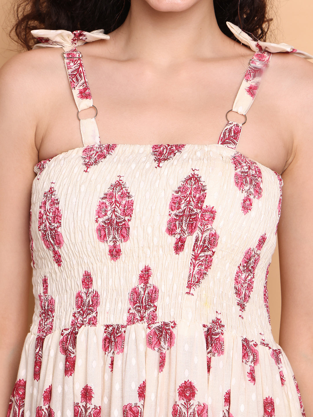 Aawari Elegant Cream & Pink Floral Printed Cotton Bobbin dress with Tie-Up Straps -  Western Wear
