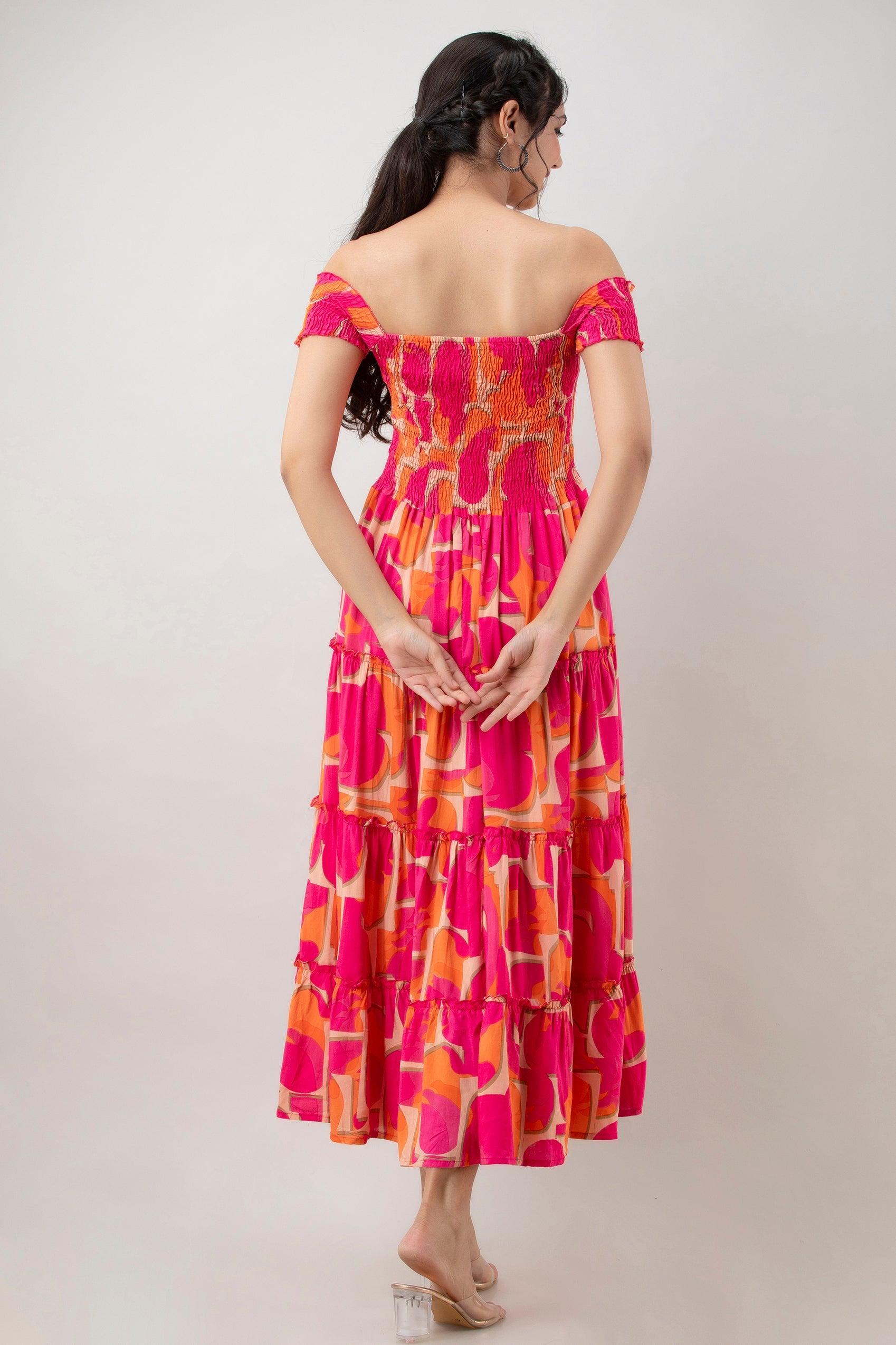 Aawari Women's Pink & Orange Abstract Print Smocked Off-Shoulder Tiered Maxi Dress - Dresses / Maxi Dresses / Western Wear