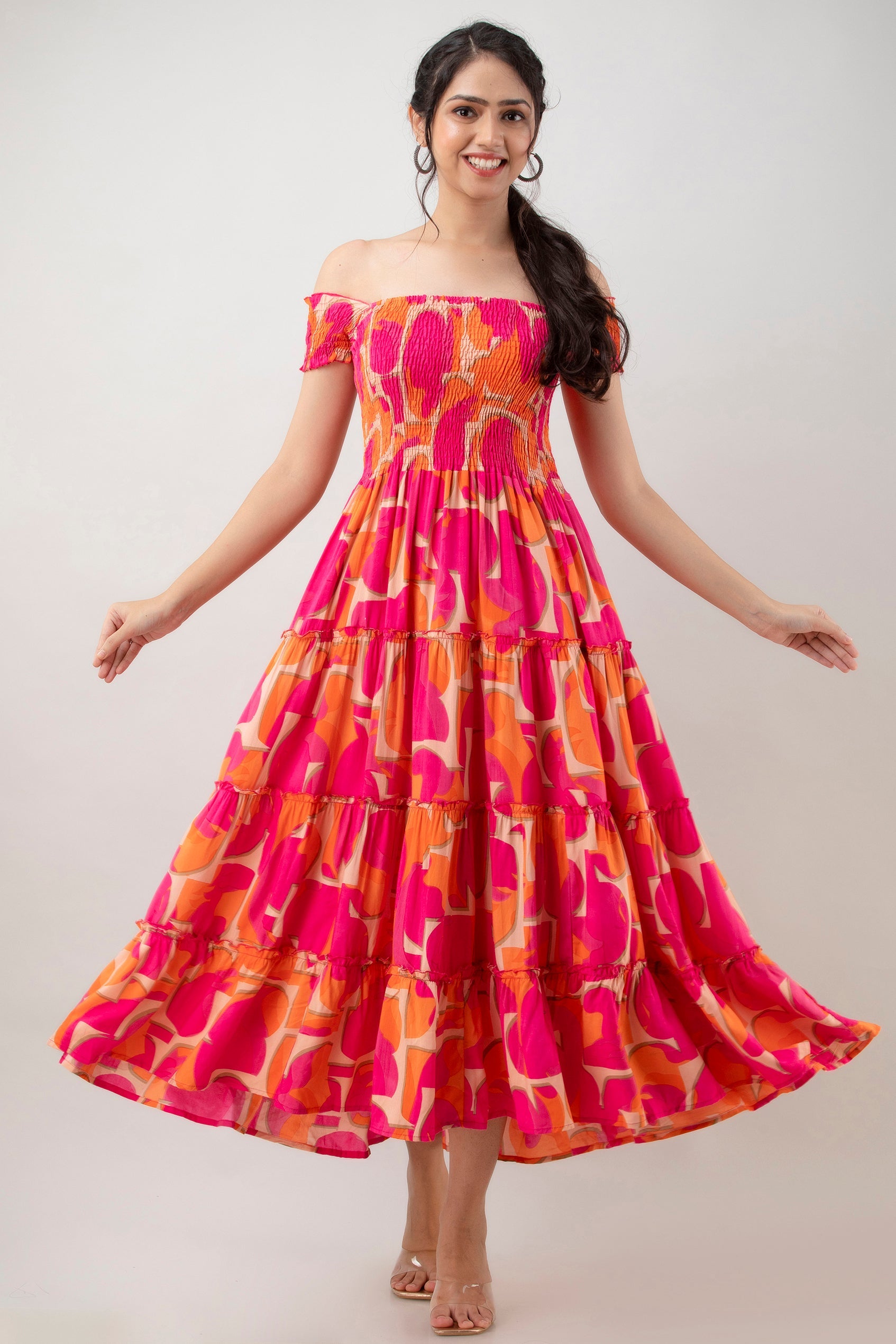 Aawari Women's Pink & Orange Abstract Print Smocked Off-Shoulder Tiered Maxi Dress - Dresses / Maxi Dresses / Western Wear