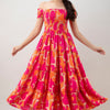 Aawari Women's Pink & Orange Abstract Print Smocked Off-Shoulder Tiered Maxi Dress - Dresses / Maxi Dresses / Western Wear