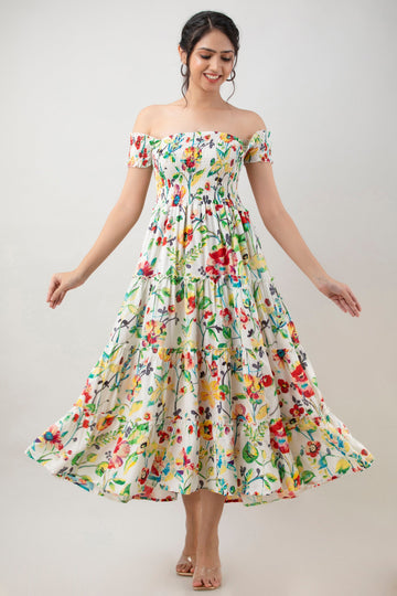 Aawari Women's White Multi-color Floral Printed Rayon Off-Shoulder Smocked Tiered Maxi Dress - Dresses / Maxi Dresses / Western Wear