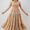 Aawari Bohemian Chic Peach & Pink Floral Block Print Smocked Tiered Maxi Dress - Dresses / Maxi Dresses / Western Wear